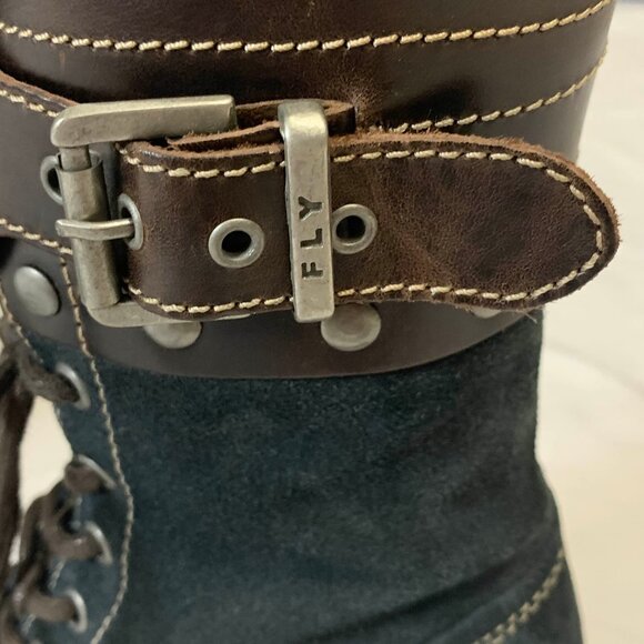 Fly London Sz 6.5 Yip Black Suede Leather Buckle Lace Up Block Heel Ankle Boots - Picture 9 of 15